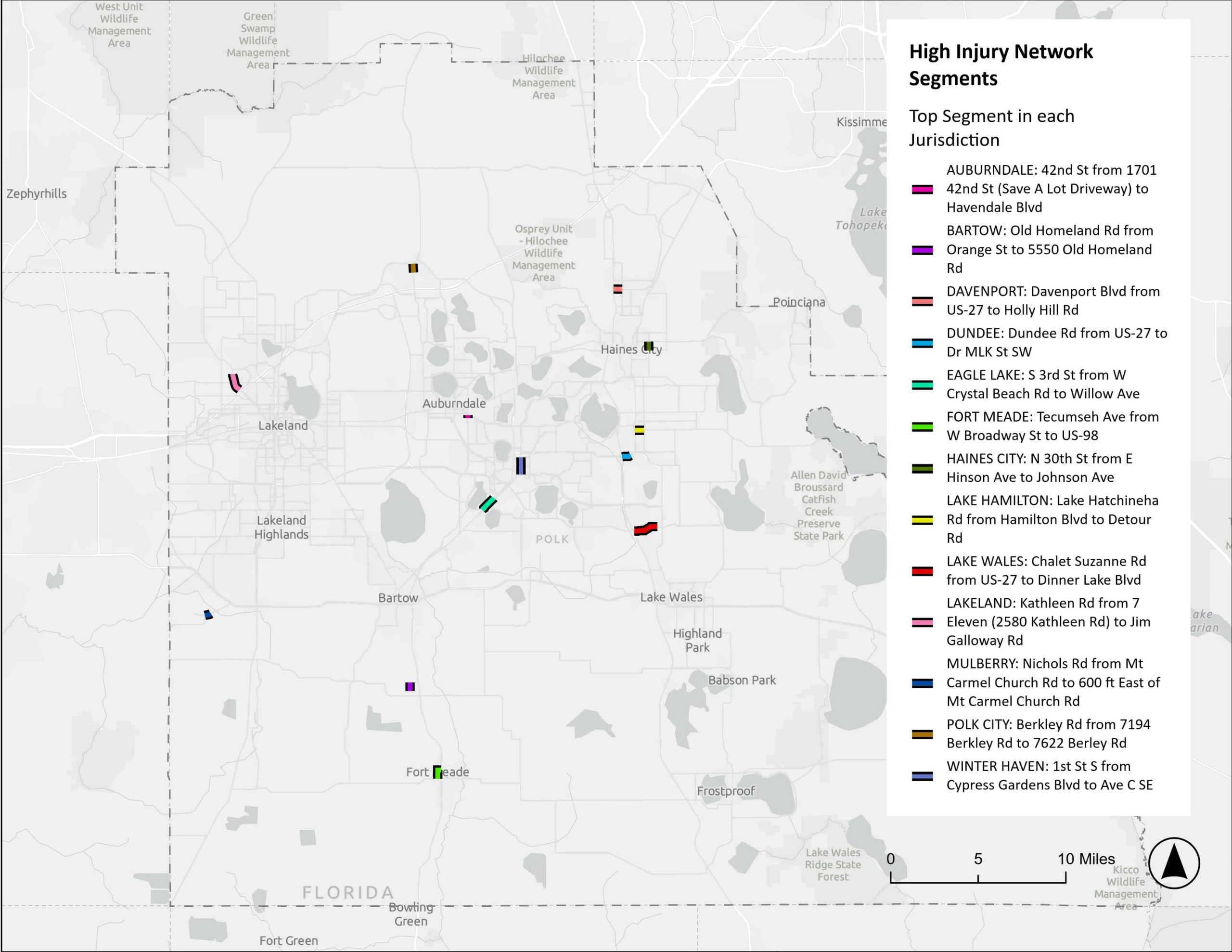 High Injury Network map top segments with bicycle/pedestrian crashes in each jurisdiction.