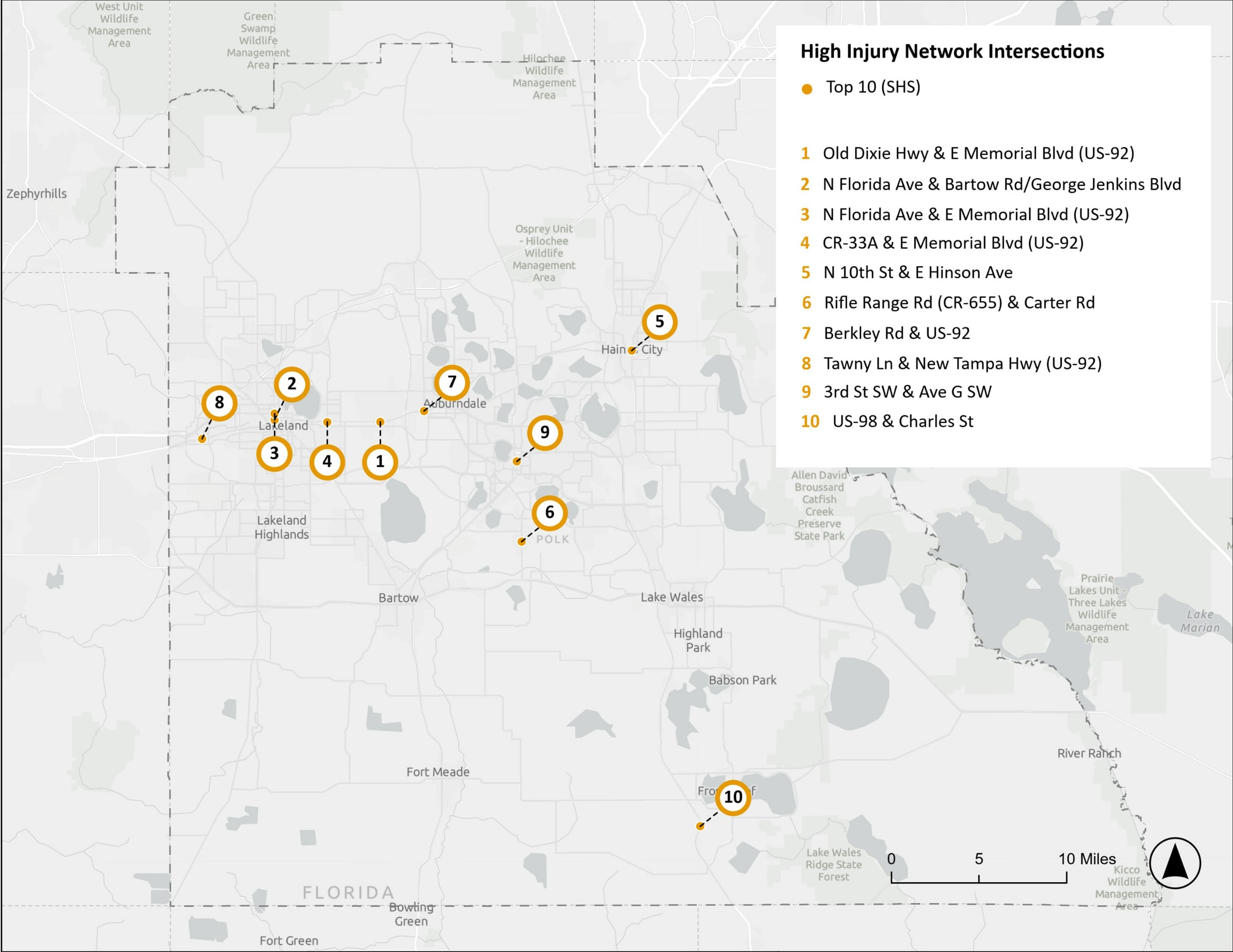 High Injury Network top ten intersections on the State Highway System (SIS) for bicycle/pedestrian crashes.