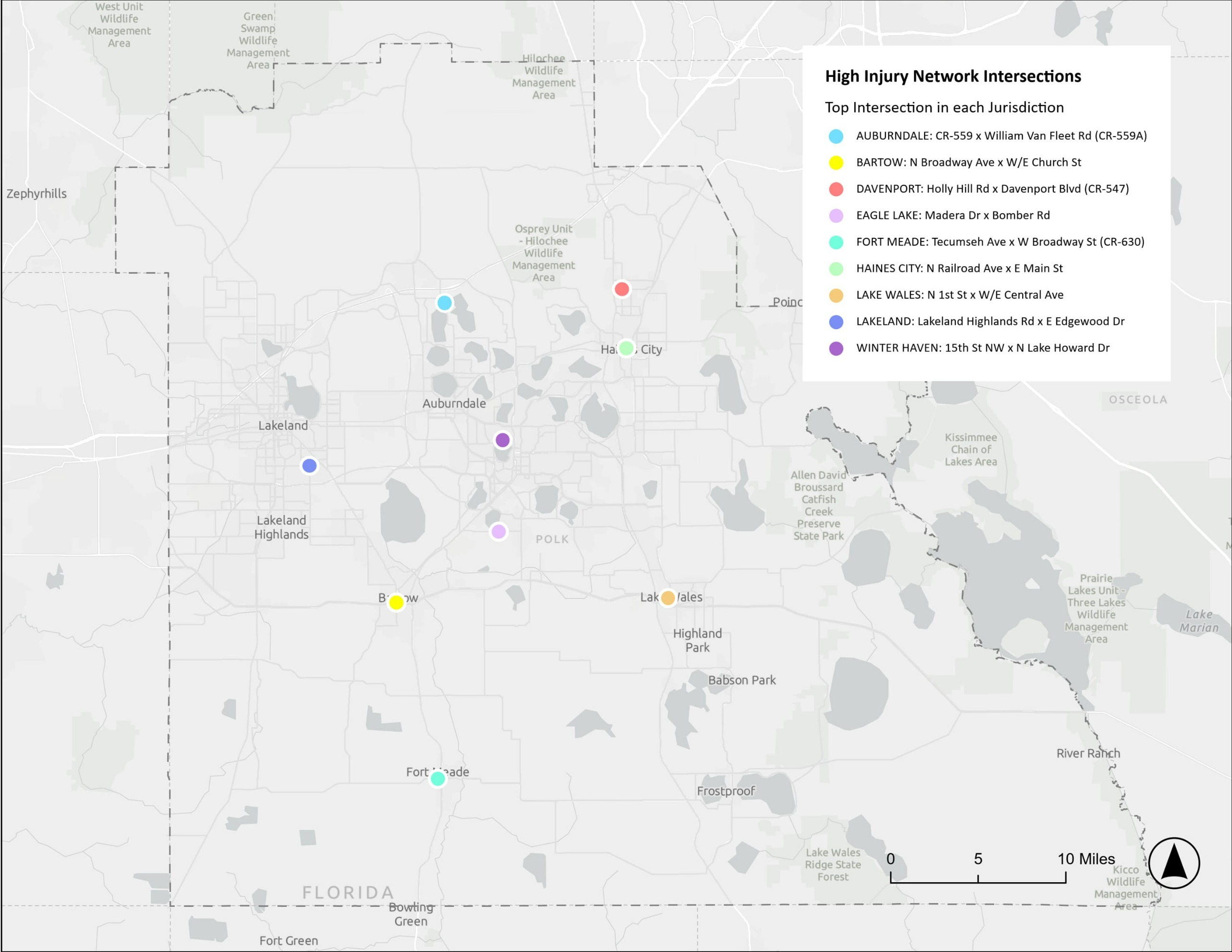 High Injury Network top intersections with bicycle/pedestrian crashes in each jurisdiction.