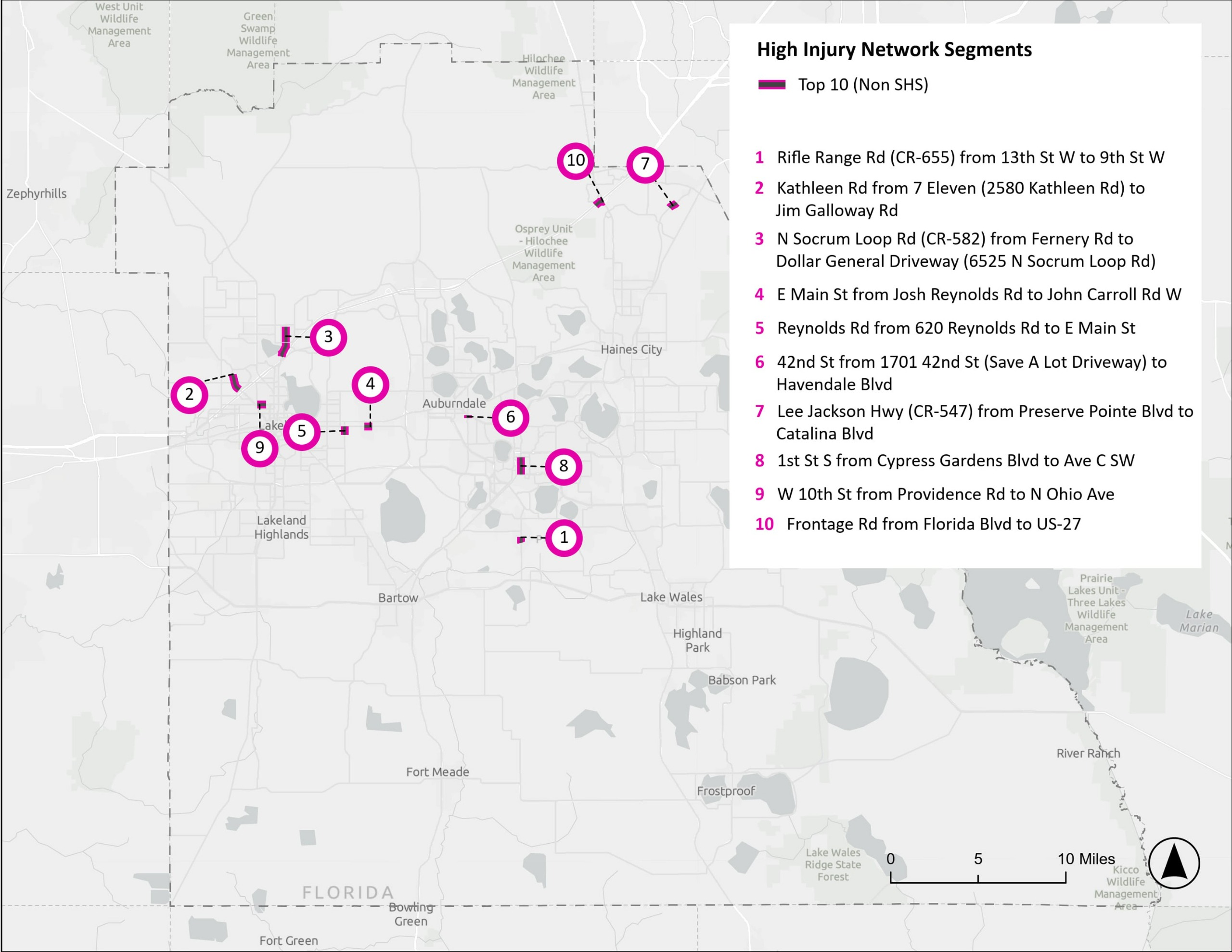 High Injury Network top ten segments with bicycle/pedestrian crashes on non-State Highway System roads.