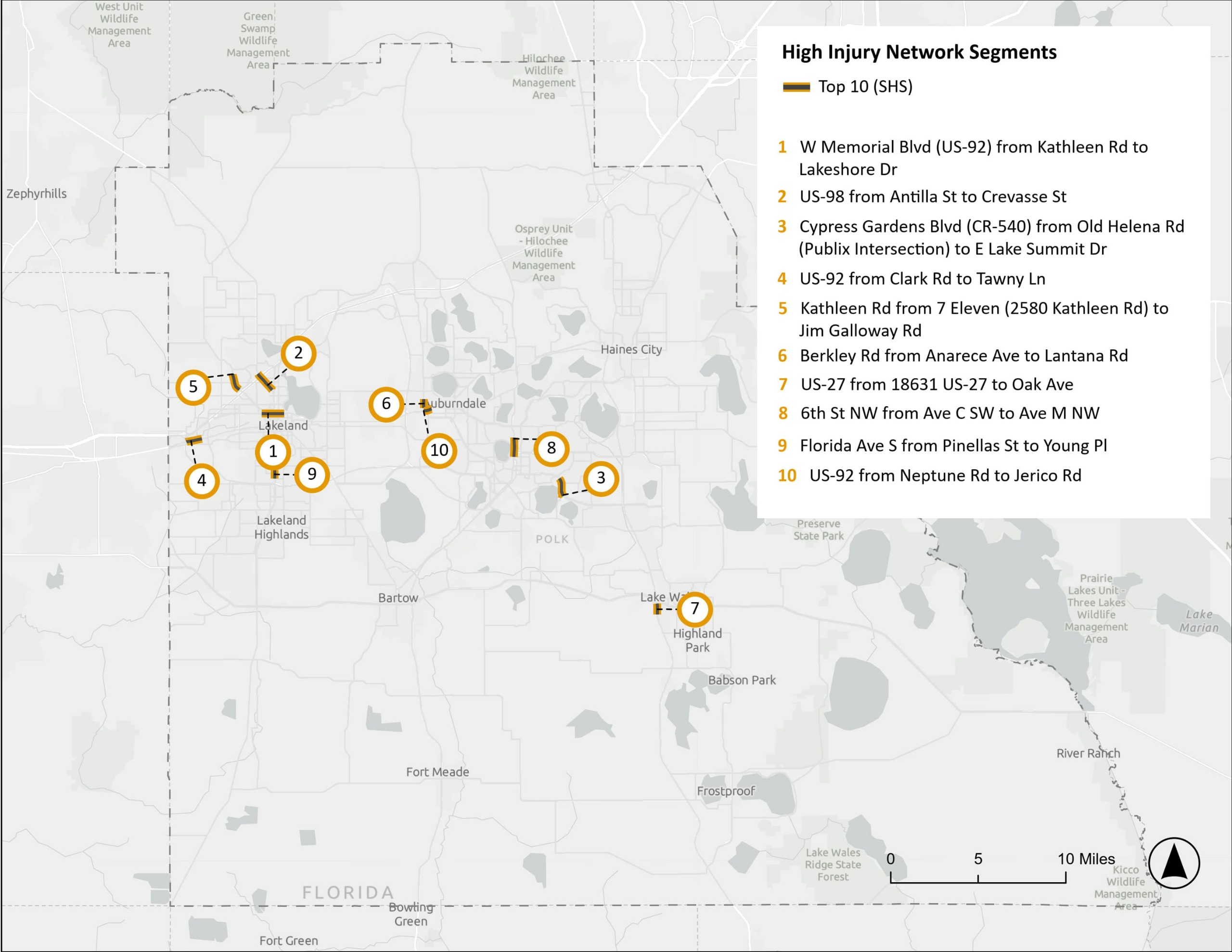 High Injury Network top ten segments with bicycle/pedestrian crashes on State Highway System.