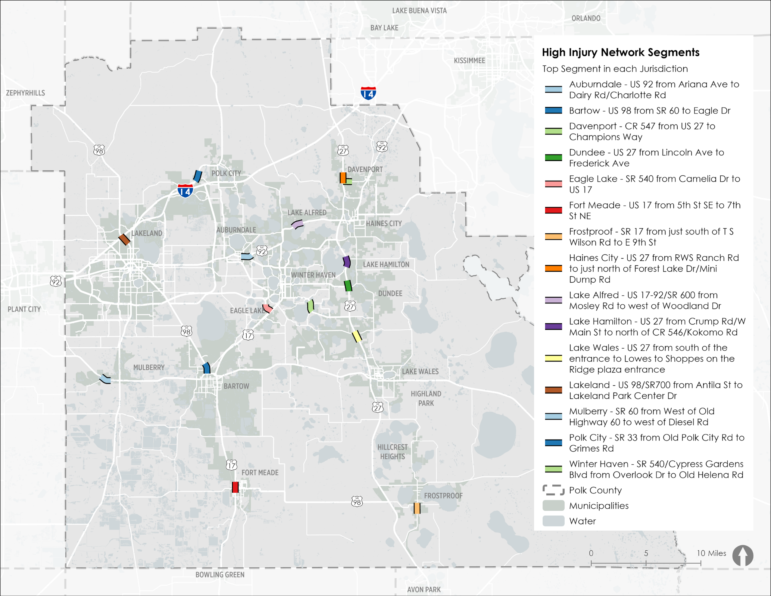 High Injury Network for all modes displaying top segments representing each jurisdiction
