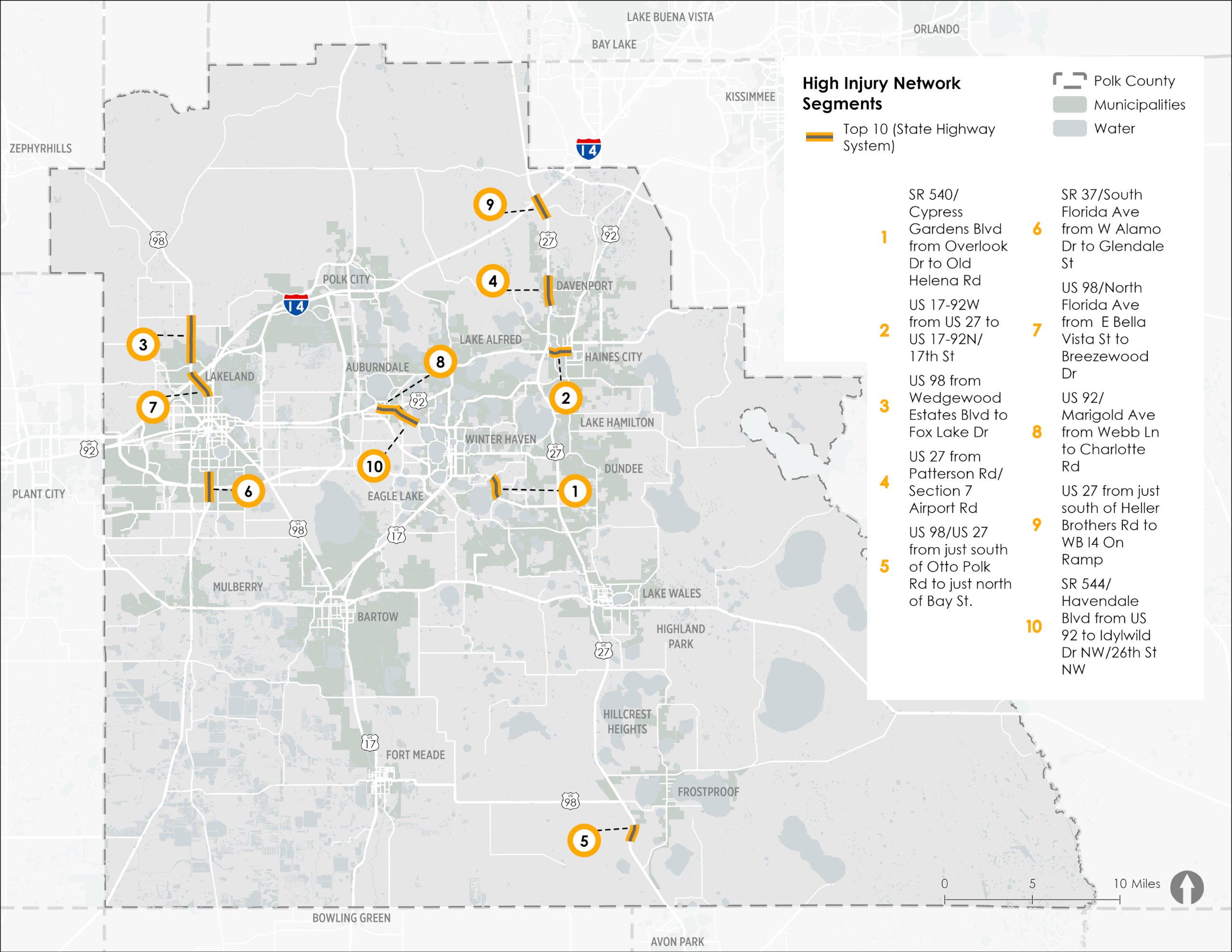 High Injury Network Map containing top ten segments on the State Highway System (SIS)
